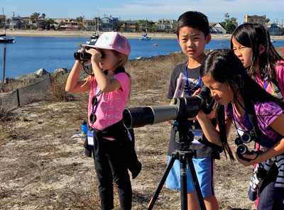 Children using scopes to view birds